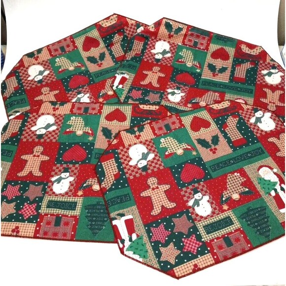 Holiday Placemats Set Of 4 Reversible Gingerbread Men Snowmen Father Christmas - Picture 1 of 8